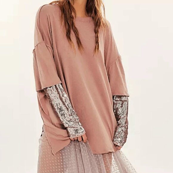 Free People Nellie Twofer Mauve Pink Oversized Sequin Long Sleeve Tee Tunic XS - Picture 1 of 16